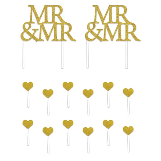 Beistle Gold Mr & Mr Cake Toppers & Heart Picks Set